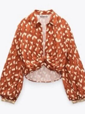 ZARA Linen Blend Twist Print Top Beaded Womens Size M